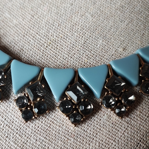 J. Crew Art Deco Revival Triangle Cornflower Blue Brass Smoke Stone Necklace EUC - Picture 7 of 10